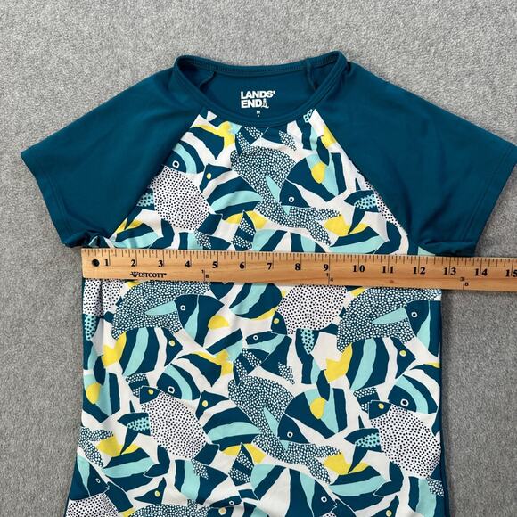 Lands' End Boys Short Sleeve Rash Guard Medium 8 Fish Graphic Teal Swim Summer - Picture 4 of 5